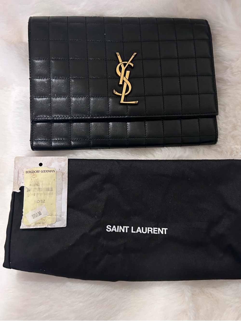 Saint Laurent Black Quilted Leather YSL Monogram Clutch with Gold Hardware